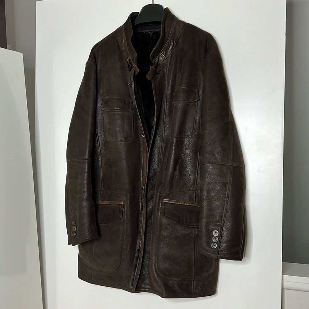 Gimo's Sz 56 Men’s Shearling Zip and Button Overcoat Jacket Made in Italy